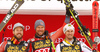 Winner Aksel Lund Svindal of Norway (M), second placed Kjetil Jansrud of Norway (L) and third placed Max Franz of Austria (R) celebrate their medals won in the men downhill race of the Audi FIS Alpine skiing World cup in Val Gardena, Italy. Men downhill race of the Audi FIS Alpine skiing World cup, was held on Saslong course in Val Gardena Groeden, Italy, on Saturday, 16th of December 2017.
