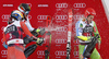 Winner Marcel Hirscher of Austria (M) and second placed Henrik Kristoffersen of Norway (L) spray champagne over third placed Zan Kranjec of Slovenia (R) during medal ceremony of the men giant slalom race of the Audi FIS Alpine skiing World cup in Alta Badia, Italy. Men giant slalom race of the Audi FIS Alpine skiing World cup, was held on Gran Risa course in Alta Badia, Italy, on Sunday, 17th of December 2017.
