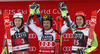 Second placed Henrik Kristoffersen of Norway (L), winner Marcel Hirscher of Austria (M) and Zan Kranjec of Slovenia (R)  celebrate their medals won in the men giant slalom race of the Audi FIS Alpine skiing World cup in Alta Badia, Italy. Men giant slalom race of the Audi FIS Alpine skiing World cup, was held on Gran Risa course in Alta Badia, Italy, on Sunday, 17th of December 2017.
