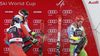 Second placed Henrik Kristoffersen of Norway (L), winner Marcel Hirscher of Austria (M) and Zan Kranjec of Slovenia (R)  celebrate their medals won in the men giant slalom race of the Audi FIS Alpine skiing World cup in Alta Badia, Italy. Men giant slalom race of the Audi FIS Alpine skiing World cup, was held on Gran Risa course in Alta Badia, Italy, on Sunday, 17th of December 2017.
