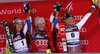 Winner Mikaela Shiffrin of USA (M), second placed Wendy Holdener of Switzerland  (L) and third placed Frida Hansdotter of Sweden (R) celebrate their medals won in the women Snow Queen Trophy slalom race of the Audi FIS Alpine skiing World cup in Zagreb, Croatia. Women slalom race of the Audi FIS Alpine skiing World cup, was held on Sljeme above Zagreb, Croatia, on Wednesday, 3rd of January 2018.
