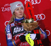 Winner Mikaela Shiffrin of USA celebrates her medal won in the women Snow Queen Trophy slalom race of the Audi FIS Alpine skiing World cup in Zagreb, Croatia. Women slalom race of the Audi FIS Alpine skiing World cup, was held on Sljeme above Zagreb, Croatia, on Wednesday, 3rd of January 2018.
