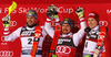 Winner Marcel Hirscher of Austria (M), second placed Michael Matt of Austria (L) and third placed Henrik Kristoffersen of Norway (R) celebrate their medals won in the men Snow Queen Trophy slalom race of the Audi FIS Alpine skiing World cup in Zagreb, Croatia. Men slalom race of the Audi FIS Alpine skiing World cup, was held on Sljeme above Zagreb, Croatia, on Thursday, 4th of January 2018.
