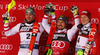 Winner Marcel Hirscher of Austria (M), second placed Michael Matt of Austria (L) and third placed Henrik Kristoffersen of Norway (R) celebrate their medals won in the men Snow Queen Trophy slalom race of the Audi FIS Alpine skiing World cup in Zagreb, Croatia. Men slalom race of the Audi FIS Alpine skiing World cup, was held on Sljeme above Zagreb, Croatia, on Thursday, 4th of January 2018.
