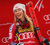 Winner Mikaela Shiffrin of USA celebrates her medal won in the women Golden Fox Trophy giant slalom race of the Audi FIS Alpine skiing World cup in Kranjska Gora, Slovenia. Women giant slalom race of the Audi FIS Alpine skiing World cup, which should be held in Maribor, was due lack of snow and warm temperatures transferred to Kranjska Gora, was held in Kranjska Gora, Slovenia, on Saturday, 6th of January 2018.
