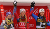 Winner Mikaela Shiffrin of USA (M), second placed Tessa Worley of France (L) and third placed Sofia Goggia of Italy (R) celebrate their medals won in  the women Golden Fox Trophy giant slalom race of the Audi FIS Alpine skiing World cup in Kranjska Gora, Slovenia. Women giant slalom race of the Audi FIS Alpine skiing World cup, which should be held in Maribor, was due lack of snow and warm temperatures transferred to Kranjska Gora, was held in Kranjska Gora, Slovenia, on Saturday, 6th of January 2018..
