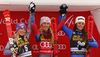 Winner Mikaela Shiffrin of USA (M), second placed Tessa Worley of France (L) and third placed Sofia Goggia of Italy (R) celebrate their medals won in  the women Golden Fox Trophy giant slalom race of the Audi FIS Alpine skiing World cup in Kranjska Gora, Slovenia. Women giant slalom race of the Audi FIS Alpine skiing World cup, which should be held in Maribor, was due lack of snow and warm temperatures transferred to Kranjska Gora, was held in Kranjska Gora, Slovenia, on Saturday, 6th of January 2018..
