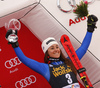 Third placed Sofia Goggia of Italy celebrates her medal won in the women Golden Fox Trophy giant slalom race of the Audi FIS Alpine skiing World cup in Kranjska Gora, Slovenia. Women giant slalom race of the Audi FIS Alpine skiing World cup, which should be held in Maribor, was due lack of snow and warm temperatures transferred to Kranjska Gora, was held in Kranjska Gora, Slovenia, on Saturday, 6th of January 2018.
