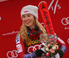 Winner Mikaela Shiffrin of USA celebrates her medal won in the women Golden Fox Trophy giant slalom race of the Audi FIS Alpine skiing World cup in Kranjska Gora, Slovenia. Women giant slalom race of the Audi FIS Alpine skiing World cup, which should be held in Maribor, was due lack of snow and warm temperatures transferred to Kranjska Gora, was held in Kranjska Gora, Slovenia, on Saturday, 6th of January 2018.
