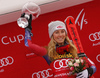 Winner Mikaela Shiffrin of USA celebrates her medal won in the women Golden Fox Trophy giant slalom race of the Audi FIS Alpine skiing World cup in Kranjska Gora, Slovenia. Women giant slalom race of the Audi FIS Alpine skiing World cup, which should be held in Maribor, was due lack of snow and warm temperatures transferred to Kranjska Gora, was held in Kranjska Gora, Slovenia, on Saturday, 6th of January 2018.
