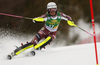 Anna Swenn Larsson of Sweden skiing in the first run of the women Golden Fox Trophy slalom race of the Audi FIS Alpine skiing World cup in Kranjska Gora, Slovenia. Women slalom race of the Audi FIS Alpine skiing World cup, which should be held in Maribor, was due lack of snow and warm temperatures transferred to Kranjska Gora, was held in Kranjska Gora, Slovenia, on Sunday, 7th of January 2018.
