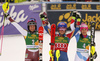 Winner Mikaela Shiffrin of USA (M), second placed Frida Hansdotter of Sweden (L) and third placed Wendy Holdener of Switzerland (R) celebrating in finish of the women Golden Fox Trophy slalom race of the Audi FIS Alpine skiing World cup in Kranjska Gora, Slovenia. Women slalom race of the Audi FIS Alpine skiing World cup, which should be held in Maribor, was due lack of snow and warm temperatures transferred to Kranjska Gora, was held in Kranjska Gora, Slovenia, on Sunday, 7th of January 2018.
