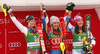 Winner Mikaela Shiffrin of USA (M), second placed Frida Hansdotter of Sweden (L) and third placed Wendy Holdener of Switzerland (R) celebrate their medals won in the women Golden Fox Trophy slalom race of the Audi FIS Alpine skiing World cup in Kranjska Gora, Slovenia. Women slalom race of the Audi FIS Alpine skiing World cup, which should be held in Maribor, was due lack of snow and warm temperatures transferred to Kranjska Gora, was held in Kranjska Gora, Slovenia, on Sunday, 7th of January 2018.

