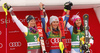 Winner Mikaela Shiffrin of USA (M), second placed Frida Hansdotter of Sweden (L) and third placed Wendy Holdener of Switzerland (R) celebrate their medals won in the women Golden Fox Trophy slalom race of the Audi FIS Alpine skiing World cup in Kranjska Gora, Slovenia. Women slalom race of the Audi FIS Alpine skiing World cup, which should be held in Maribor, was due lack of snow and warm temperatures transferred to Kranjska Gora, was held in Kranjska Gora, Slovenia, on Sunday, 7th of January 2018.
