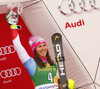 Third placed Wendy Holdener of Switzerland  celebrates her medal won in he women Golden Fox Trophy slalom race of the Audi FIS Alpine skiing World cup in Kranjska Gora, Slovenia. Women slalom race of the Audi FIS Alpine skiing World cup, which should be held in Maribor, was due lack of snow and warm temperatures transferred to Kranjska Gora, was held in Kranjska Gora, Slovenia, on Sunday, 7th of January 2018.
