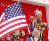 Winner Mikaela Shiffrin of USA celebrates her medal won in he women Golden Fox Trophy slalom race of the Audi FIS Alpine skiing World cup in Kranjska Gora, Slovenia. Women slalom race of the Audi FIS Alpine skiing World cup, which should be held in Maribor, was due lack of snow and warm temperatures transferred to Kranjska Gora, was held in Kranjska Gora, Slovenia, on Sunday, 7th of January 2018. <br> 
