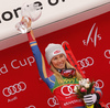 Winner Mikaela Shiffrin of USA celebrates her medal won in he women Golden Fox Trophy slalom race of the Audi FIS Alpine skiing World cup in Kranjska Gora, Slovenia. Women slalom race of the Audi FIS Alpine skiing World cup, which should be held in Maribor, was due lack of snow and warm temperatures transferred to Kranjska Gora, was held in Kranjska Gora, Slovenia, on Sunday, 7th of January 2018. <br> 
