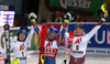 Winner Mikaela Shiffrin of USA (M), second placed Bernadette Schild of Austria (L) and third placed Frida Hansdotter of Sweden (R) celebrate in finish of the women night slalom race of the Audi FIS Alpine skiing World cup in Flachau, Austria. Women slalom race of the Audi FIS Alpine skiing World cup was held in Flachau, Austria, on Tuesday, 9th of January 2018.
