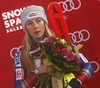 Winner Mikaela Shiffrin of USA celebrates her medal won in the women night slalom race of the Audi FIS Alpine skiing World cup in Flachau, Austria. Women slalom race of the Audi FIS Alpine skiing World cup was held in Flachau, Austria, on Tuesday, 9th of January 2018.
