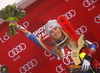 Winner Mikaela Shiffrin of USA celebrates her medal won in the women night slalom race of the Audi FIS Alpine skiing World cup in Flachau, Austria. Women slalom race of the Audi FIS Alpine skiing World cup was held in Flachau, Austria, on Tuesday, 9th of January 2018.
