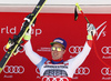 Winner Beat Feuz of Switzerland celebrate on the podium after men downhill race of the Audi FIS Alpine skiing World cup in Garmisch-Partenkirchen, Germany. Men downhill race of the Audi FIS Alpine skiing World cup was held on Kandahar track in Garmisch-Partenkirchen, Germany, on Saturday, 27th of January 2018.
