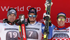 Winner Beat Feuz of Switzerland (R) and second placed Vincent Kriechmayr of Austria (L) and Dominik Paris of Italy (R) celebrate on the podium after men downhill race of the Audi FIS Alpine skiing World cup in Garmisch-Partenkirchen, Germany. Men downhill race of the Audi FIS Alpine skiing World cup was held on Kandahar track in Garmisch-Partenkirchen, Germany, on Saturday, 27th of January 2018.
