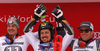 Winner Marcel Hirscher of Austria (M), second placed Manuel Feller of Austria (L) and third placed Ted Ligety of USA (R) celebrate on the podium after the men giant slalom race of the Audi FIS Alpine skiing World cup in Garmisch-Partenkirchen, Germany. Men giant slalom race of the Audi FIS Alpine skiing World cup was held on Kandahar track in Garmisch-Partenkirchen, Germany, on Sunday, 28th of January 2018.
