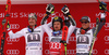 Winner Marcel Hirscher of Austria (M), second placed Manuel Feller of Austria (L) and third placed Ted Ligety of USA (R) celebrate on the podium after the men giant slalom race of the Audi FIS Alpine skiing World cup in Garmisch-Partenkirchen, Germany. Men giant slalom race of the Audi FIS Alpine skiing World cup was held on Kandahar track in Garmisch-Partenkirchen, Germany, on Sunday, 28th of January 2018.
