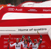 Winner Marcel Hirscher of Austria (M), second placed Manuel Feller of Austria (L) and third placed Ted Ligety of USA (R) celebrate on the podium after the men giant slalom race of the Audi FIS Alpine skiing World cup in Garmisch-Partenkirchen, Germany. Men giant slalom race of the Audi FIS Alpine skiing World cup was held on Kandahar track in Garmisch-Partenkirchen, Germany, on Sunday, 28th of January 2018.
