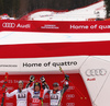 Winner Marcel Hirscher of Austria (M), second placed Manuel Feller of Austria (L) and third placed Ted Ligety of USA (R) celebrate on the podium after the men giant slalom race of the Audi FIS Alpine skiing World cup in Garmisch-Partenkirchen, Germany. Men giant slalom race of the Audi FIS Alpine skiing World cup was held on Kandahar track in Garmisch-Partenkirchen, Germany, on Sunday, 28th of January 2018.
