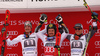 Winner Marcel Hirscher of Austria (M), second placed Manuel Feller of Austria (L) and third placed Ted Ligety of USA (R) celebrate on the podium after the men giant slalom race of the Audi FIS Alpine skiing World cup in Garmisch-Partenkirchen, Germany. Men giant slalom race of the Audi FIS Alpine skiing World cup was held on Kandahar track in Garmisch-Partenkirchen, Germany, on Sunday, 28th of January 2018.
