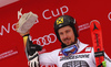  celebrate on the podium after the men giant slalom race of the Audi FIS Alpine skiing World cup in Garmisch-Partenkirchen, Germany. Men giant slalom race of the Audi FIS Alpine skiing World cup was held on Kandahar track in Garmisch-Partenkirchen, Germany, on Sunday, 28th of January 2018.
