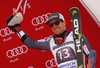  celebrate on the podium after the men giant slalom race of the Audi FIS Alpine skiing World cup in Garmisch-Partenkirchen, Germany. Men giant slalom race of the Audi FIS Alpine skiing World cup was held on Kandahar track in Garmisch-Partenkirchen, Germany, on Sunday, 28th of January 2018.
