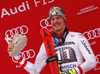 Second placed Manuel Feller of Austria celebrate on the podium after the men giant slalom race of the Audi FIS Alpine skiing World cup in Garmisch-Partenkirchen, Germany. Men giant slalom race of the Audi FIS Alpine skiing World cup was held on Kandahar track in Garmisch-Partenkirchen, Germany, on Sunday, 28th of January 2018.

