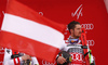 Winner Marcel Hirscher of Austria celebrate on the podium after the men giant slalom race of the Audi FIS Alpine skiing World cup in Garmisch-Partenkirchen, Germany. Men giant slalom race of the Audi FIS Alpine skiing World cup was held on Kandahar track in Garmisch-Partenkirchen, Germany, on Sunday, 28th of January 2018.
