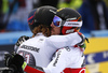 Second placed Manuel Feller of Austria (L) congratulating the winner Marcel Hirscher of Austria (R) in finish of the second run of the men giant slalom race of the Audi FIS Alpine skiing World cup in Garmisch-Partenkirchen, Germany. Men giant slalom race of the Audi FIS Alpine skiing World cup was held on Kandahar track in Garmisch-Partenkirchen, Germany, on Sunday, 28th of January 2018.
