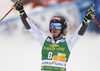 Manuel Feller of Austria reacts in the finish of the second run of the men giant slalom race of the Audi FIS Alpine skiing World cup in Kranjska Gora, Slovenia. Men giant slalom race of the Audi FIS Alpine skiing World cup was held on Podkoren track in Kranjska Gora, Slovenia, on Saturday, 4th of March 2018.
