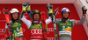Winner Marcel Hirscher of Austria (M), second placed Henrik Kristoffersen of Norway (L) and third placed Alexis Pinturault of France (R) celebrate on the podium after the men giant slalom race of the Audi FIS Alpine skiing World cup in Kranjska Gora, Slovenia. Men giant slalom race of the Audi FIS Alpine skiing World cup was held on Podkoren track in Kranjska Gora, Slovenia, on Saturday, 4th of March 2018.
