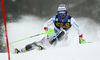 Luca Aerni of Switzerland skiing in the first run of the men slalom race of the Audi FIS Alpine skiing World cup in Kranjska Gora, Slovenia. Men slalom race of the Audi FIS Alpine skiing World cup was held on Podkoren track in Kranjska Gora, Slovenia, on Sunday, 4th of March 2018.
