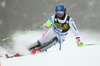 Marco Schwarz of Austria skiing in the first run of the men slalom race of the Audi FIS Alpine skiing World cup in Kranjska Gora, Slovenia. Men slalom race of the Audi FIS Alpine skiing World cup was held on Podkoren track in Kranjska Gora, Slovenia, on Sunday, 4th of March 2018.
