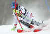 Marco Schwarz of Austria skiing in the first run of the men slalom race of the Audi FIS Alpine skiing World cup in Kranjska Gora, Slovenia. Men slalom race of the Audi FIS Alpine skiing World cup was held on Podkoren track in Kranjska Gora, Slovenia, on Sunday, 4th of March 2018.
