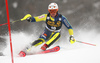 Mattias Hargin of Sweden skiing in the first run of the men slalom race of the Audi FIS Alpine skiing World cup in Kranjska Gora, Slovenia. Men slalom race of the Audi FIS Alpine skiing World cup was held on Podkoren track in Kranjska Gora, Slovenia, on Sunday, 4th of March 2018.
