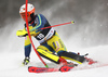 Mattias Hargin of Sweden skiing in the first run of the men slalom race of the Audi FIS Alpine skiing World cup in Kranjska Gora, Slovenia. Men slalom race of the Audi FIS Alpine skiing World cup was held on Podkoren track in Kranjska Gora, Slovenia, on Sunday, 4th of March 2018.
