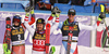 Winner Marcel Hirscher of Austria (M), second placed Henrik Kristoffersen of Norway (L)  and third placed Ramon Zenhaeusern of Switzerland (R) celebrating in finish of the second run of the men slalom race of the Audi FIS Alpine skiing World cup in Kranjska Gora, Slovenia. Men slalom race of the Audi FIS Alpine skiing World cup was held on Podkoren track in Kranjska Gora, Slovenia, on Sunday, 4th of March 2018.
