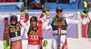 Winner Marcel Hirscher of Austria (M), second placed Henrik Kristoffersen of Norway (L)  and third placed Ramon Zenhaeusern of Switzerland (R) celebrating in finish of the second run of the men slalom race of the Audi FIS Alpine skiing World cup in Kranjska Gora, Slovenia. Men slalom race of the Audi FIS Alpine skiing World cup was held on Podkoren track in Kranjska Gora, Slovenia, on Sunday, 4th of March 2018.
