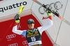 Third placed Ramon Zenhaeusern of Switzerland celebrates on the podium after the men slalom race of the Audi FIS Alpine skiing World cup in Kranjska Gora, Slovenia. Men slalom race of the Audi FIS Alpine skiing World cup was held on Podkoren track in Kranjska Gora, Slovenia, on Sunday, 4th of March 2018.
