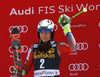 Second placed Henrik Kristoffersen of Norway celebrates on the podium after the men slalom race of the Audi FIS Alpine skiing World cup in Kranjska Gora, Slovenia. Men slalom race of the Audi FIS Alpine skiing World cup was held on Podkoren track in Kranjska Gora, Slovenia, on Sunday, 4th of March 2018.
