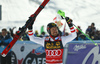 Winner Marcel Hirscher of Austria celebrates after the men slalom race of the Audi FIS Alpine skiing World cup in Kranjska Gora, Slovenia. Men slalom race of the Audi FIS Alpine skiing World cup was held on Podkoren track in Kranjska Gora, Slovenia, on Sunday, 4th of March 2018.
