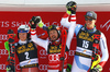 Winner Marcel Hirscher of Austria (M), second placed Henrik Kristoffersen of Norway (L) and third placed Ramon Zenhaeusern of Switzerland (R) celebrate on the podium after the men slalom race of the Audi FIS Alpine skiing World cup in Kranjska Gora, Slovenia. Men slalom race of the Audi FIS Alpine skiing World cup was held on Podkoren track in Kranjska Gora, Slovenia, on Sunday, 4th of March 2018.
