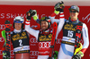 Winner Marcel Hirscher of Austria (M), second placed Henrik Kristoffersen of Norway (L) and third placed Ramon Zenhaeusern of Switzerland (R) celebrate on the podium after the men slalom race of the Audi FIS Alpine skiing World cup in Kranjska Gora, Slovenia. Men slalom race of the Audi FIS Alpine skiing World cup was held on Podkoren track in Kranjska Gora, Slovenia, on Sunday, 4th of March 2018.
